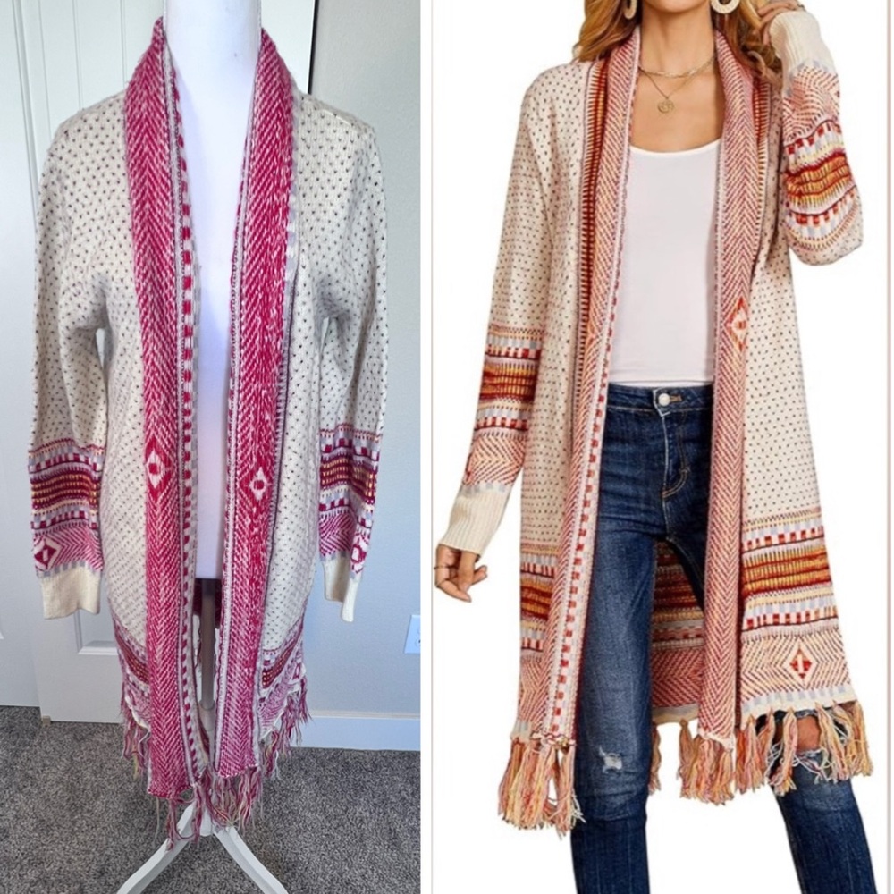 Boho Long Open Cardigan Sweater Maxi Knit Sweaters Aztec Tribal Tassel Sz Medium